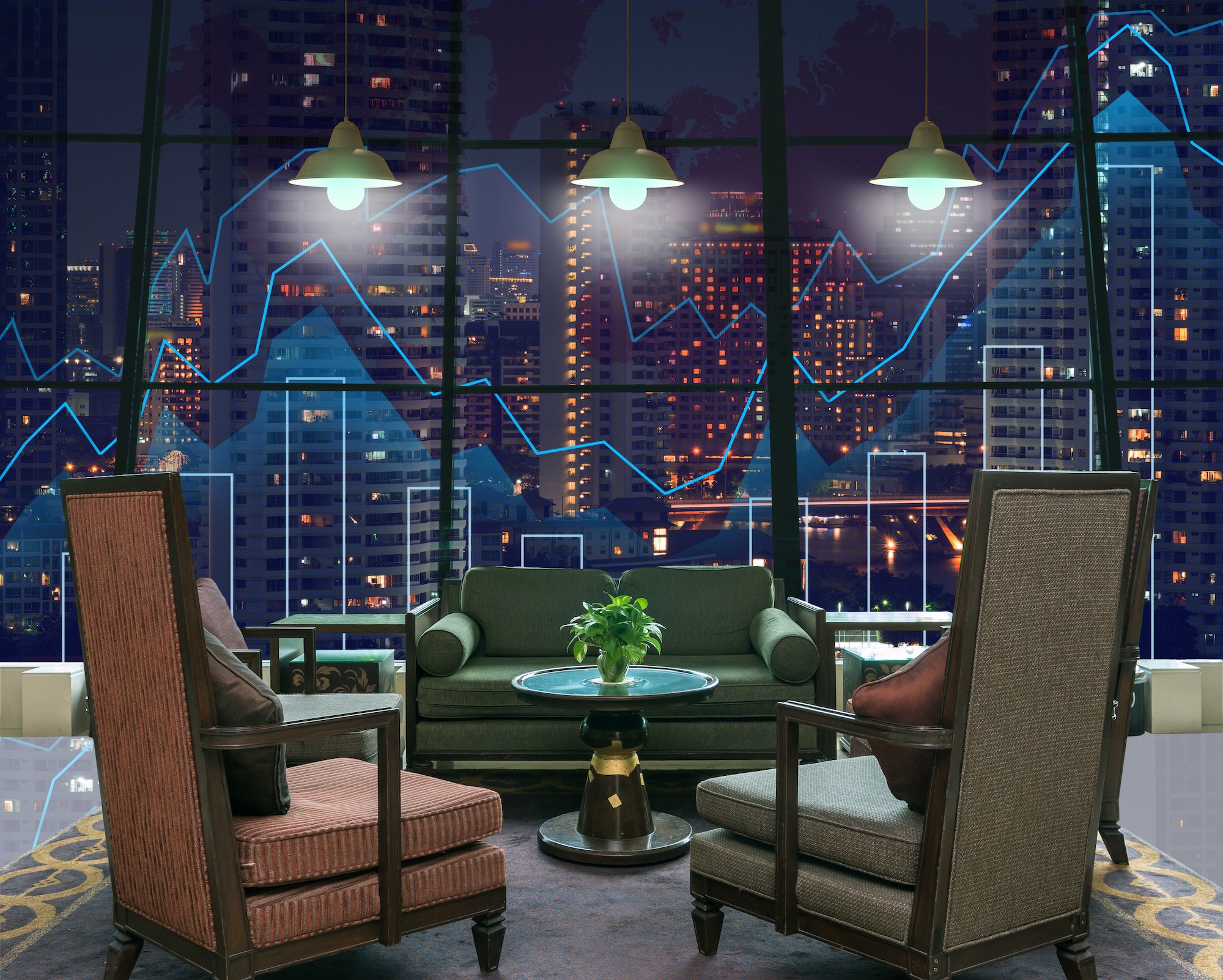 Lobby area of a hotel which can see Trading graph on the cityscape at night and the best prop trading firms