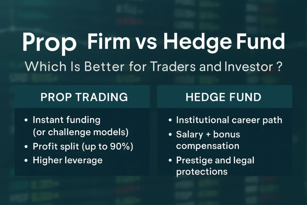 Infographic comparing prop trading firms and hedge funds, listing instant funding, profit split, and higher leverage for prop trading versus institutional career path, salary plus bonus, and legal protections for hedge funds, set on a market-themed background.
