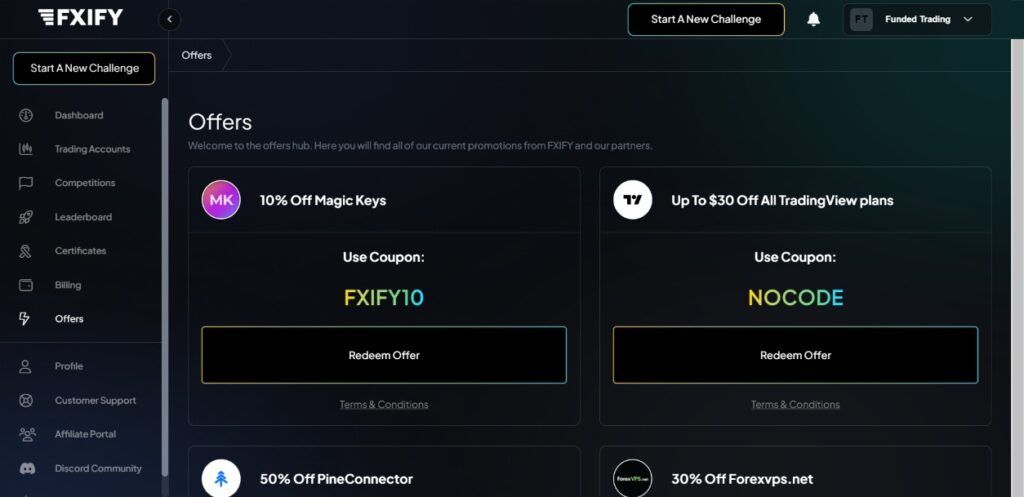 FXIFY dashboard offers and discounts