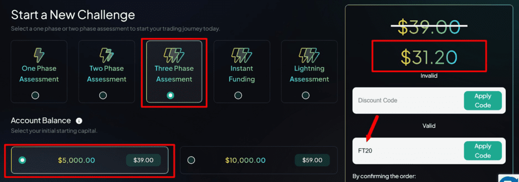 fxify coupon code FT20 on 3 step challenge screenshot march 2026